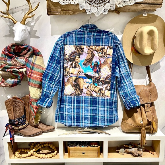 DISTILLERY Tops - Upcycled Native wildlife back detailing plaid boho shirt w western country vibe